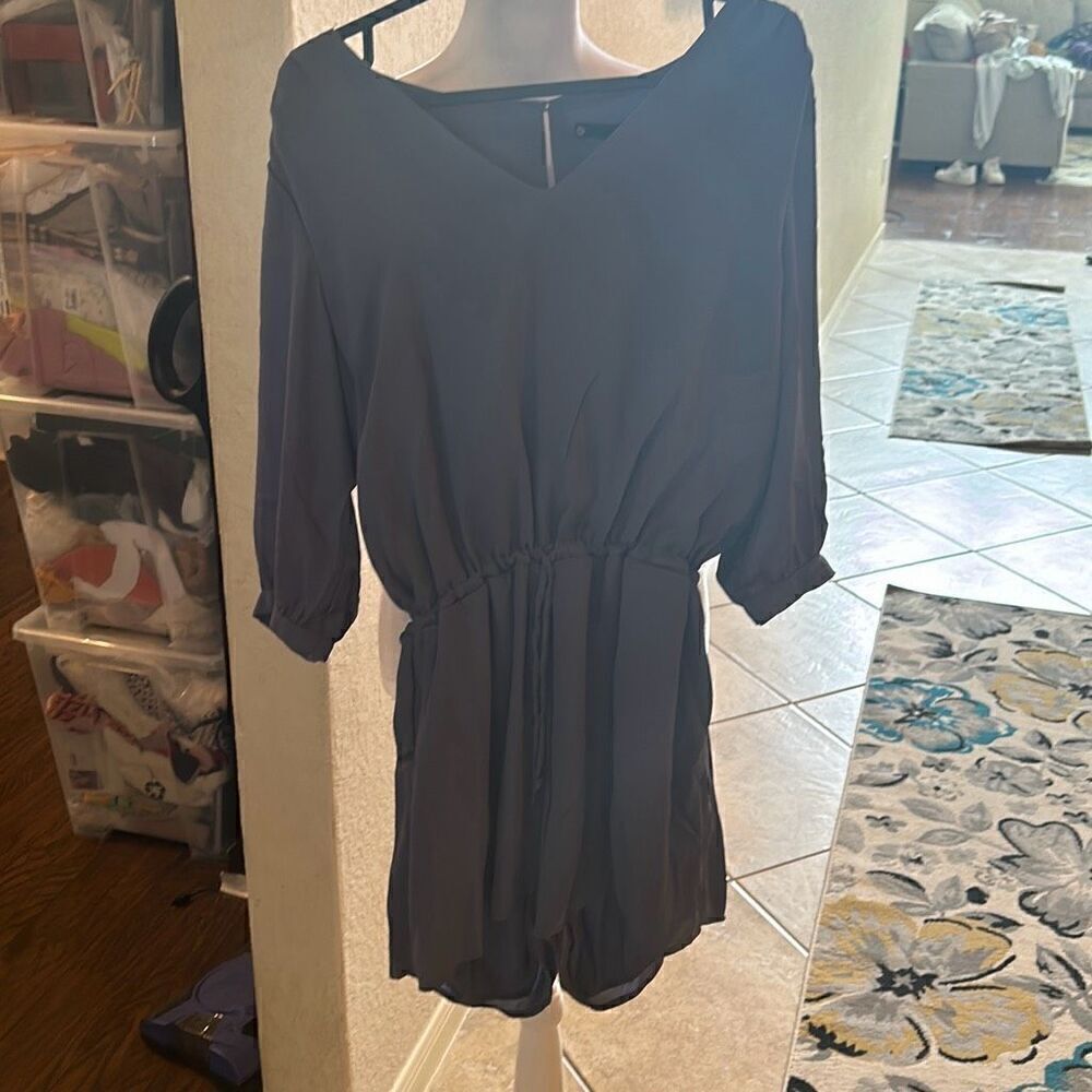 Krisa Women's M V-Neck Shirred Romper Dark Denim Blue Long Sleeve Casual New